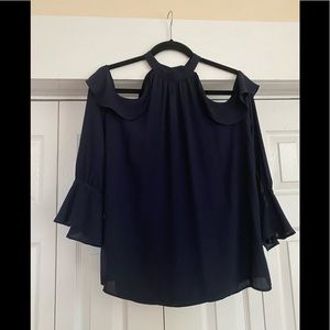 Shoulder reveal navy blue blouse